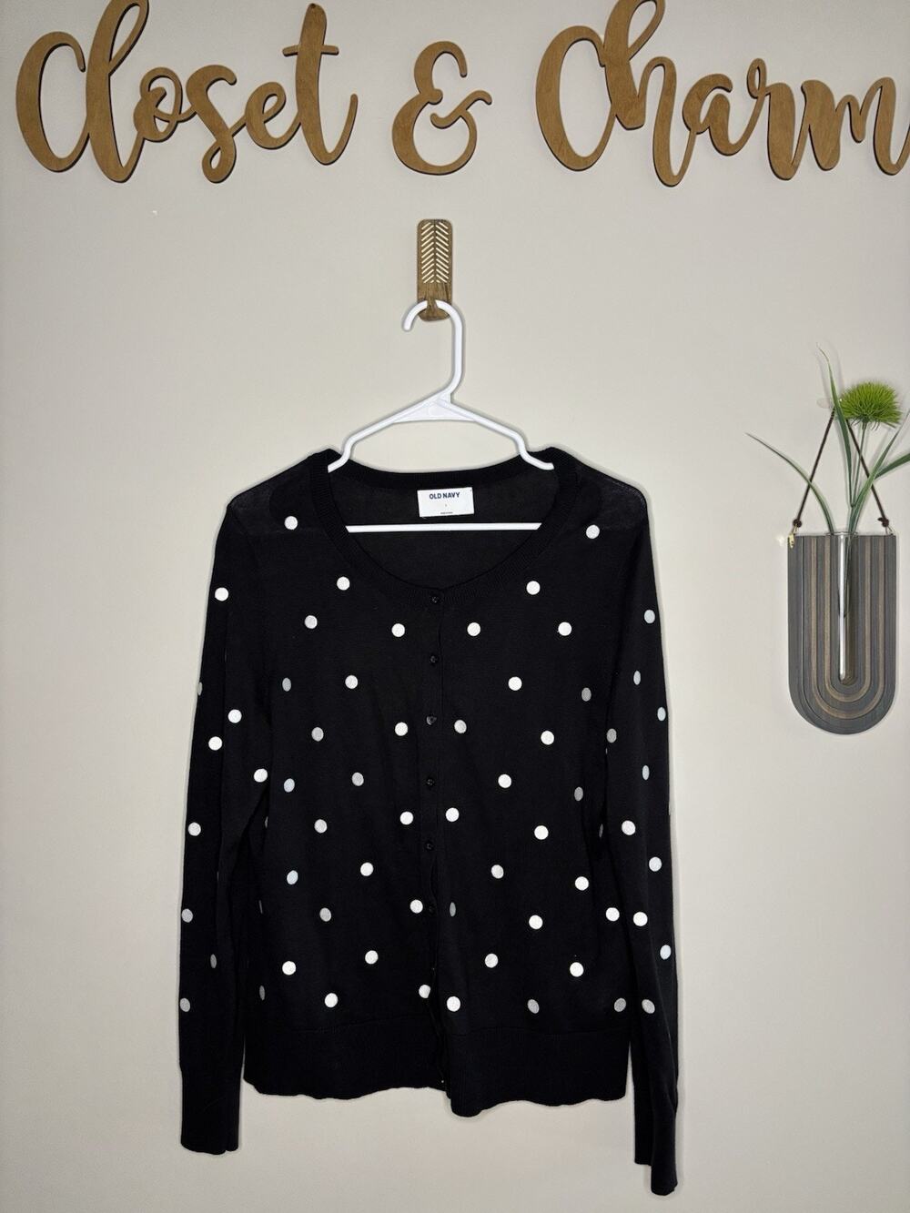 Old Navy Retro Style Polka Dot Black & White Long Sleeve Button Cardigan Large